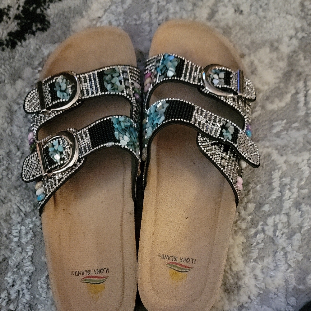 Aloha Island Floral Black and Blue Sandals Has Flaws